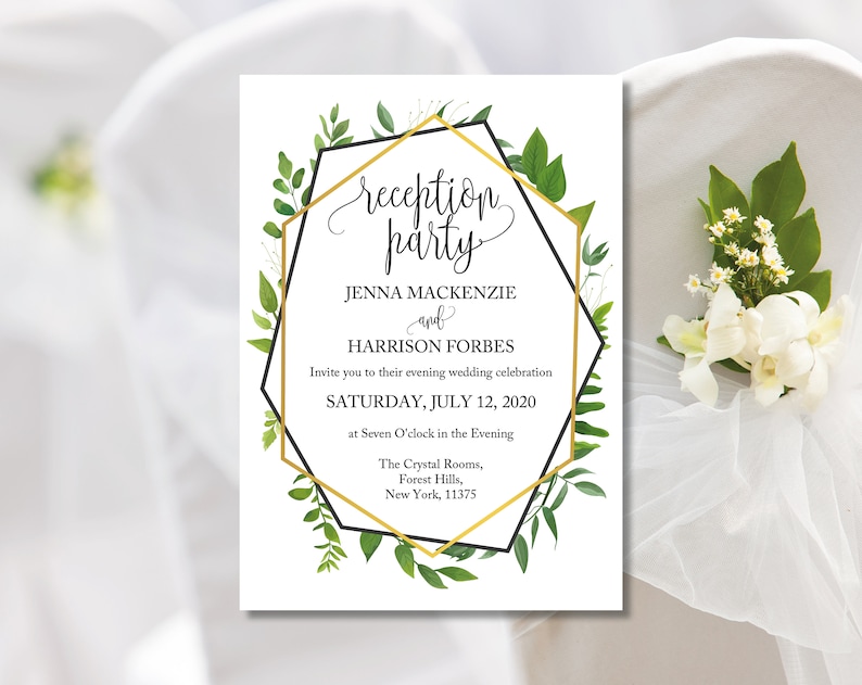 May include: A white wedding reception invitation with a gold geometric frame and green foliage. The text reads "Reception Party" with the names Jenna Mackenzie and Harrison Forbes, the date Saturday, July 12, 2020, and the location The Crystal Rooms, Forest Hills, New York, 11375.