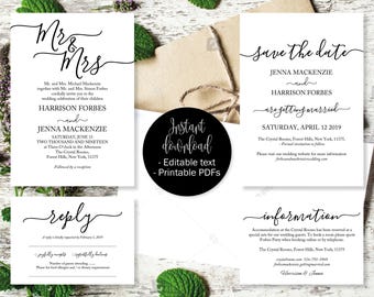 Printable Wedding Invitation Template Set, Save the Date Printable, Invite, RSVP Reply Card, Guest Information, Editable Printable Templates