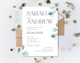 Printed Wedding Invitations Day Daytime Evening Reception Party Day Ceremony Modern Invites Minimalist Eucalyptus