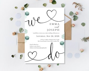 Printed Wedding Invitations: Personalised We Do Daytime Day Ceremony Invites | Evening Reception Party Invite | Eucalyptus | Minimalist
