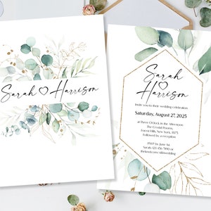 Gedruckte Eukalyptus Hochzeitseinladungen, salbeigrüne Hochzeitseinladungen, botanische Hochzeitseinladungen, rustikale grüne laden, Hochzeitsempfang einladen