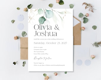 Printed Invitations For Wedding Ceremony Daytime Day Party Evening Reception Invites Stylish Eucalyptus Minimalist