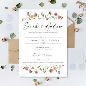 Gedruckt Hochzeit lädt Einladungen Tag Abend Empfang Party Karten Wildblumen Wiese Gepresst Wildblume Kalligraphie Modern Simple