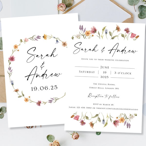 Printed Wedding Invitations Invites Day Reception Evening Party Cards Wildflowers Meadow Pressed Wild Flower Calligraphy Modern Simple