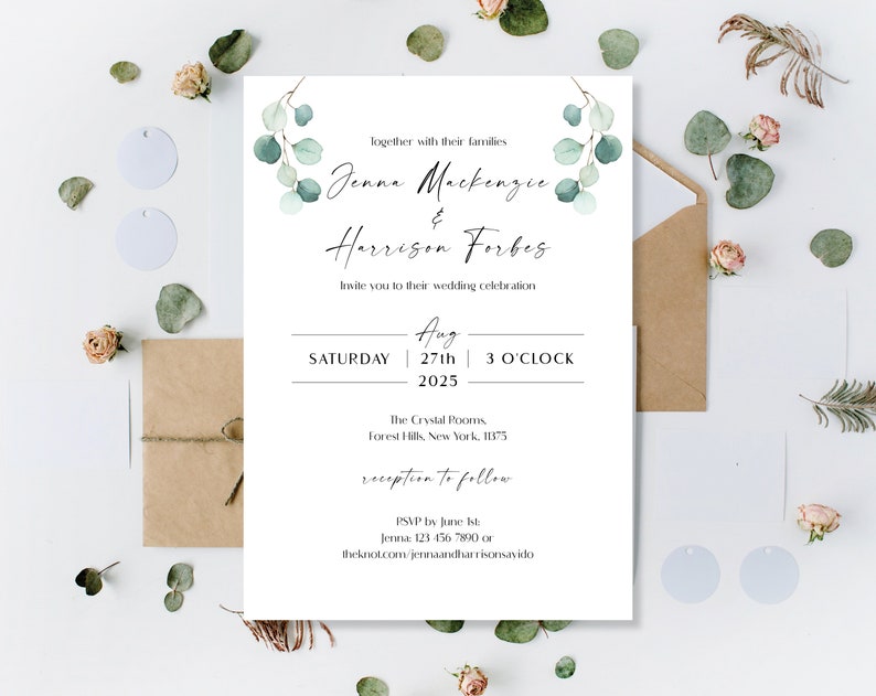 Printed Eucalyptus Wedding Invitations, Greenery Wedding Invites, Green Wedding Invites, Botanical Rustic Invites, Wedding Reception Invites image 2