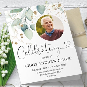 May include: A white card with a watercolour background of green leaves and gold glitter. The card reads "Celebrating the life of CHRIS ANDREW JONES 1st April 1960 - 19th June 2025 St Martin's Church, Nottingham Thursday 30th June, 2025 at 11.00am". A photo of a man is in a circle in the top right corner.