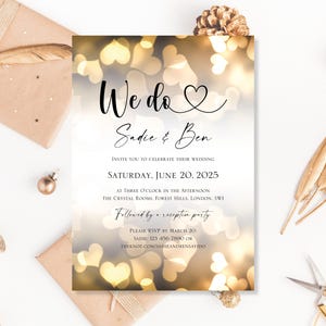 Invitaciones de boda impresas Hacemos invitaciones para el día, la tarde o la noche Recepción Fiesta Corazones de amor dorados Diseño moderno personalizado Tema