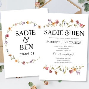 Gedruckte Hochzeits-Einladungen Einladungen Karten Abend-Tag-Empfang Party-Wiese Wilde Blume Wildblumen Kalligraphie Vintage einfach modern sauber
