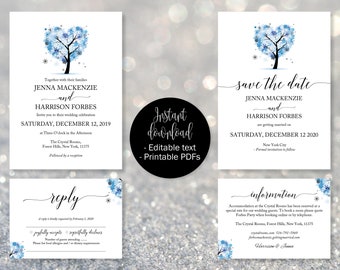 Blue Winter Love Tree Wedding Invitation Template Set, Save the Date Printable Invite RSVP Reply Card Guest Information, Editable Printables