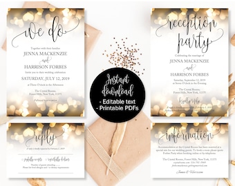 Gold Hearts Wedding Invitation Template Set, Reception Invitation, RSVP Reply Card, Guest Information, Editable Printable Wedding Templates