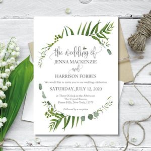 Gedruckte Hochzeits-Einladung, Grüne Hochzeits-Einladung, Grüne Blumenhochzeit, Botanische Einladungen, einfache Rustic, Green Wreath Einladungen