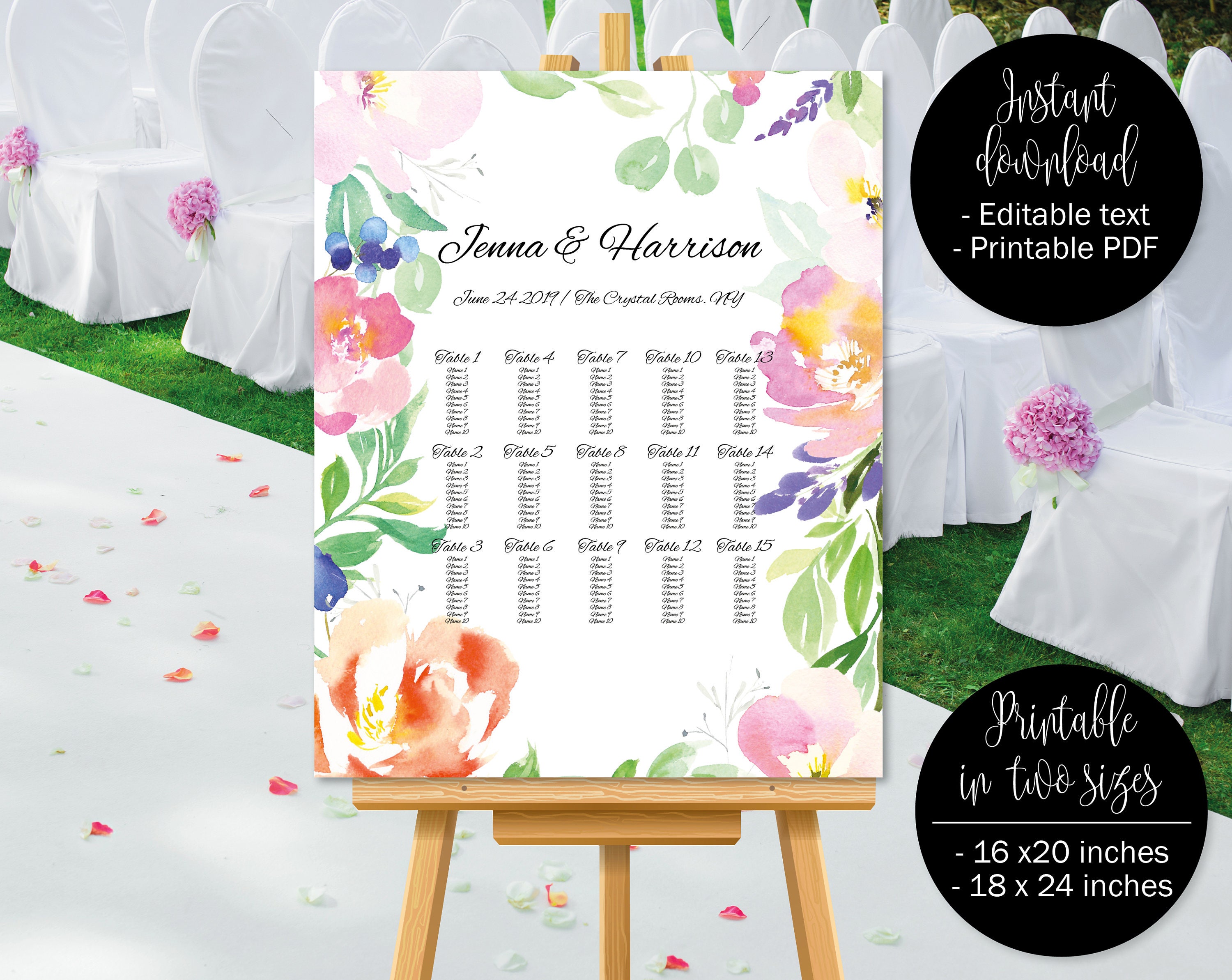 Wedding Seating Chart Printable Stylish Floral Watercolor Etsy