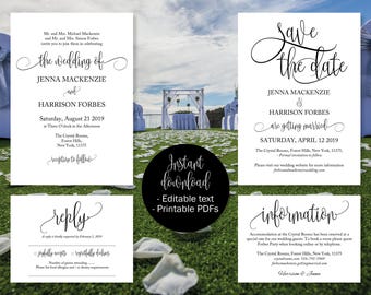 Printable Wedding Invitation Template Set, Save the Date Printable, Invite, RSVP Reply Card, Guest Information, Editable Wedding Templates