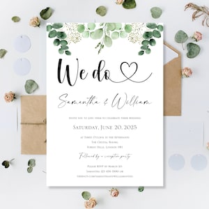 Eucalipto impresso Nós fazemos coração Dia do casamento ou convites para festas de recepção à noite Convites simples Cartões Sage Green Rústico Boho Flores selvagens