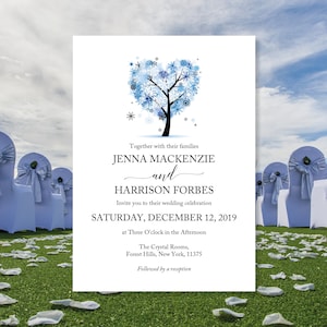 May include: A wedding invitation with a blue and white winter tree design. The invitation reads "Together with their families Jenna Mackenzie and Harrison Forbes Invite you to their wedding celebration Saturday, December 12, 2019 at Three O'clock in the Afternoon The Crystal Rooms, Forest Hills, New York, 11375 Followed by a reception"