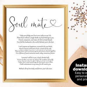 Op de afbeelding: Afdrukbare huwelijksgelofte-sjabloon met een gouden frame en de tekst "Soul mate" in cursief met een hartje. De geloften zijn in zwarte tekst geschreven en bevatten de zin "Vandaag beloof je me je liefde, vandaag zeggen we ja."