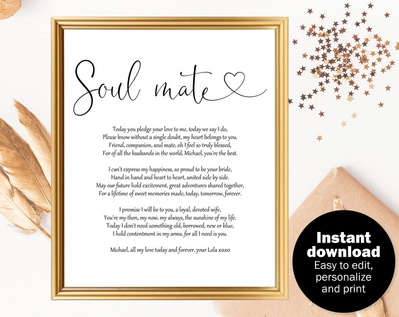 Op de afbeelding: Afdrukbare huwelijksgelofte-sjabloon met een gouden frame en de tekst "Soul mate" in cursief met een hartje. De geloften zijn in zwarte tekst geschreven en bevatten de zin "Vandaag beloof je me je liefde, vandaag zeggen we ja."
