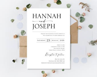 Op de afbeelding: Een witte trouwuitnodiging met zwarte tekst, met de namen "HANNAH en JOSEPH". De uitnodiging bevat de datum, tijd en locatie van de ceremonie, samen met RSVP-informatie. Het ontwerp is minimalistisch, met bloemaccenten.