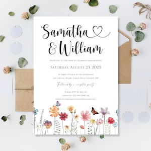 Gedruckt Luxus Personalisierte Wildblumen Wiese Hochzeitseinladungen Lädt Abend Empfang Nur Party Boho Kranz Tageseinladung einladen