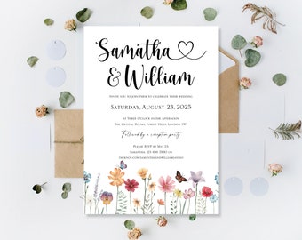 Printed Luxury Personalised Wildflower Meadow Wedding Invitations Invites Evening Reception Only Party Boho Wreath Day Invitation Invite