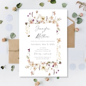 Gedrukte bloemenweide trouwdag avond receptie feestuitnodigingen uitnodigingen kaarten vintage wilde bloemen eucalyptus rustieke boho wilde bloemen