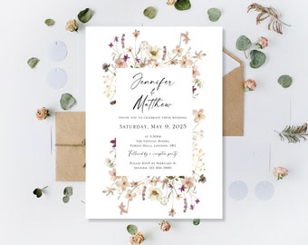 Printed Floral Meadow Wedding Day Evening Reception Party Invitations Invites Cards Vintage Wild Flowers Eucalyptus Rustic Boho Wildflowers