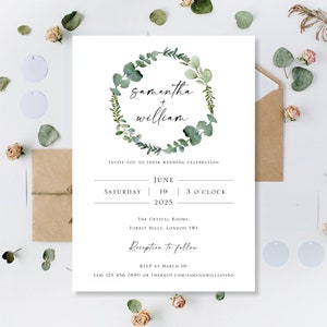 Gedruckt Eukalyptus Weath Hochzeitstag Voll Oder Abend Empfang Party Nur Lädt Einladungen Einfache Blumen Salbei Grün Rustikale Karten Boho