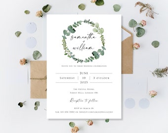 Printed Eucalyptus Weath Wedding Day Full Or Evening Reception Party Only Invites Invitations Simple Floral Sage Green Rustic Cards Boho