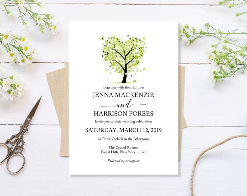 May include: Wedding invitation with a green tree illustration in the shape of a heart. The invitation reads "Together with their families Jenna Mackenzie and Harrison Forbes Invite you to their wedding celebration Saturday, March 12, 2019 at Three O'clock in the Afternoon The Crystal Rooms, Forest Hills, New York, 11375 Followed by a reception"