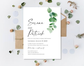 Printed Stylish Simple Eucalyptus Wedding Day Full Or Evening Reception Party Only Invites Invitations Boho Floral Sage Green Rustic Cards
