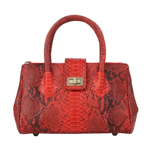 May include: A red snakeskin handbag with a gold clasp and top handles.