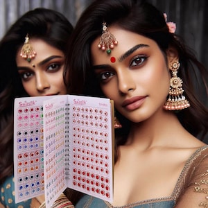 May include: Two women holding open books of Swastik bindis, showcasing a variety of colors. The bindis are arranged in rows and columns. The women are wearing traditional Indian jewelry, including earrings and headpieces. The image has a soft, warm tone.