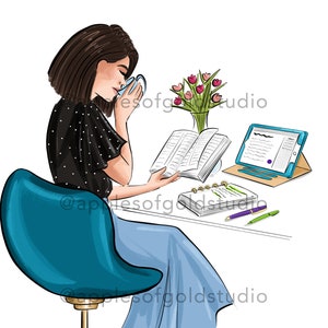 May include: A woman sits at a desk with a book, a planner, and a tablet. She is wearing a black and white polka dot shirt and a blue skirt. There are pink flowers in a vase on the desk.