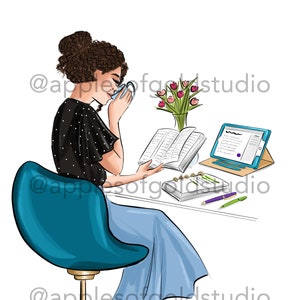 May include: A woman sits at a desk with a book, a planner, a tablet, and a cup of coffee. She is wearing a black and white polka dot top and a blue skirt. There are pink flowers in a vase on the desk.