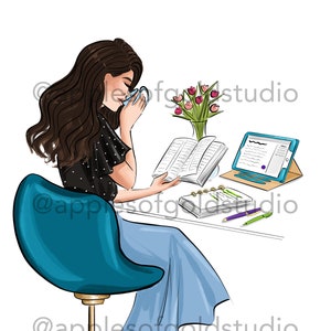 May include: Illustration of a person seated at a desk, sipping from a blue mug. The person is wearing a black top with white polka dots and a long blue skirt. A book, tablet, notepad, pens, and a vase of tulips are on the desk.
