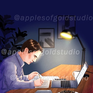 May include: A person sits at a desk with a laptop, a notebook, and a cup of coffee. The person is writing in the notebook with a pencil. There are two cookies on a plate next to the laptop. The desk is lit by a lamp.