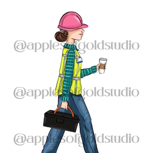May include: A woman wearing a pink hard hat, yellow safety vest, blue jeans, and brown work boots is walking while carrying a black toolbox and a cup of coffee.