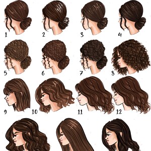 Pu&ograve; includere: Un grafico con 15 diverse illustrazioni di acconciature femminili. Le acconciature sono tutte di colore castano chiaro a scuro e sono numerate da 1 a 15. Il testo "Fair/brown" &egrave; in cima al grafico.