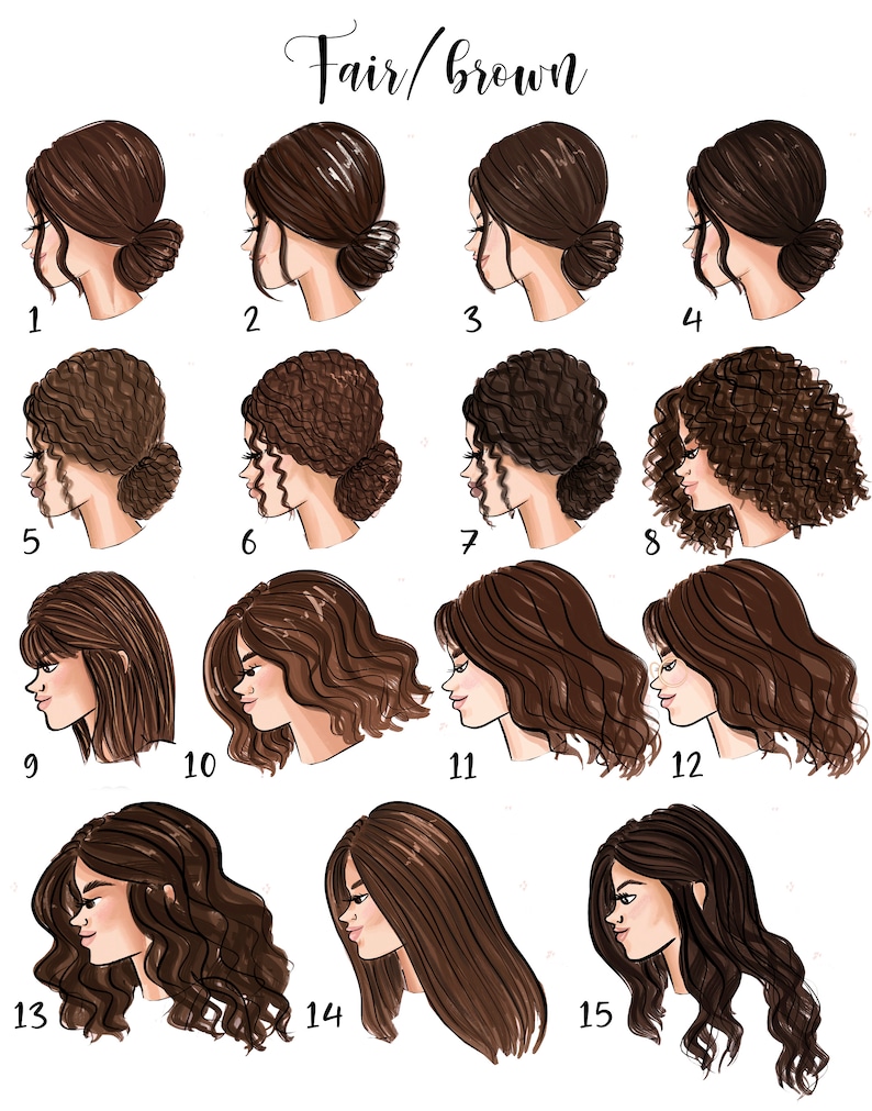 Pu&ograve; includere: Un grafico con 15 diverse illustrazioni di acconciature femminili. Le acconciature sono tutte di colore castano chiaro a scuro e sono numerate da 1 a 15. Il testo "Fair/brown" &egrave; in cima al grafico.