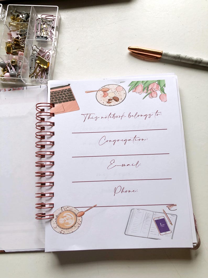 May include: A spiral-bound notebook with rose gold accents, open to a page with the text "This notebook belongs to:" and lines for Congregation, Email, and Phone. The page is decorated with illustrations of a laptop, coffee, and flowers.