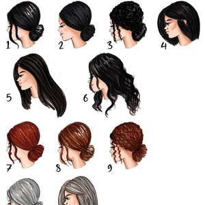Pu&ograve; includere: Illustrazione di 11 diverse acconciature femminili, con ogni acconciatura numerata. Le acconciature sono di quattro colori: nero, rosso, grigio e chiaro.