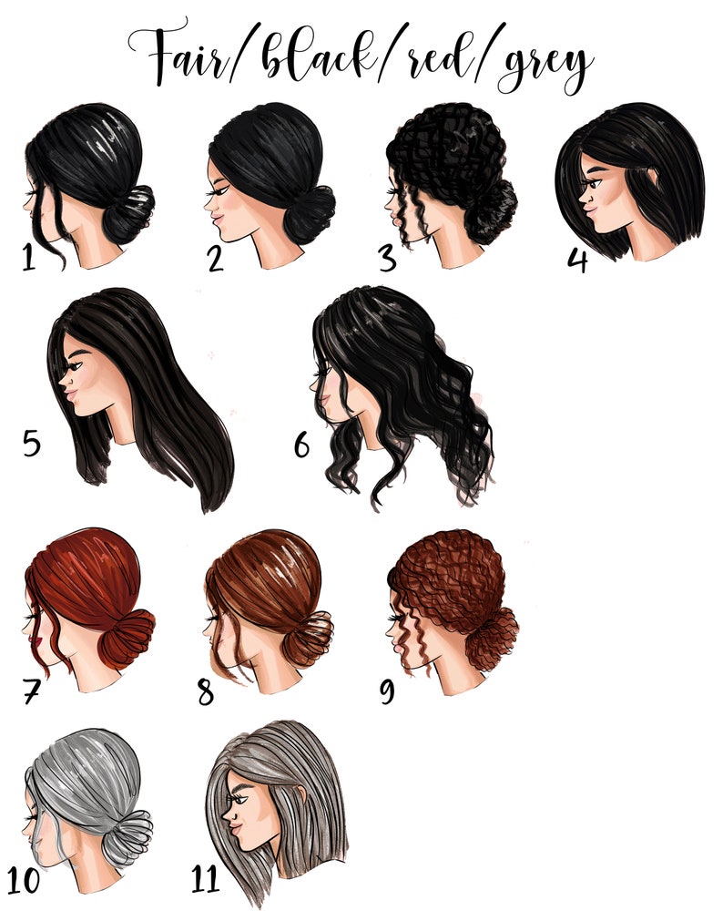 Pu&ograve; includere: Illustrazione di 11 diverse acconciature femminili, con ogni acconciatura numerata. Le acconciature sono di quattro colori: nero, rosso, grigio e chiaro.
