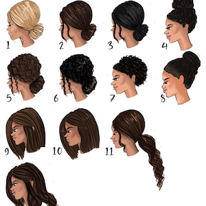 Pu&ograve; includere: Dodici illustrazioni di volti di donne con diversi stili di capelli e tonalit&agrave; della pelle. Il titolo "Dark Skin" &egrave; in cima all'immagine.