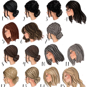 Pu&ograve; includere: Un set di 15 volti femminili illustrati con diverse acconciature e colori di capelli. I volti sono numerati da 1 a 15. Il testo "Tan/others" &egrave; in cima all'immagine.