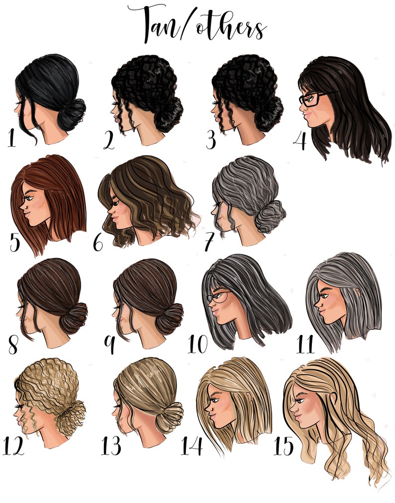 Pu&ograve; includere: Un set di 15 volti femminili illustrati con diverse acconciature e colori di capelli. I volti sono numerati da 1 a 15. Il testo "Tan/others" &egrave; in cima all'immagine.