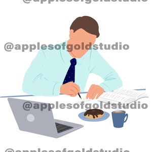 May include: A person sitting at a desk with a laptop, a donut on a plate, and a cup of coffee. The person is wearing a light blue shirt and a dark blue tie. They are writing on a piece of paper with a pen.