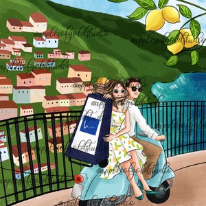 May include: Illustration of a couple riding a light blue scooter on a road with a scenic background. The woman wears a floral dress, and the man wears a white shirt. The background features a town, water, and lemon tree.