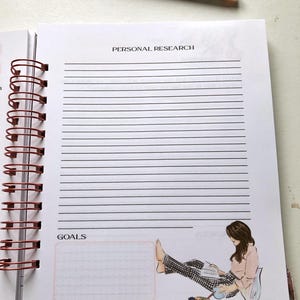 May include: Open notebook with lined pages and the text "PERSONAL RESEARCH" at the top. A pen with a marble design and rose gold accents rests above the open notebook. An illustration of a person reading is at the bottom.