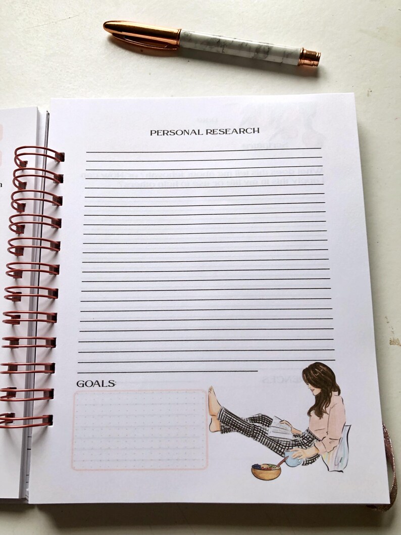 May include: Open notebook with lined pages and the text "PERSONAL RESEARCH" at the top. A pen with a marble design and rose gold accents rests above the open notebook. An illustration of a person reading is at the bottom.