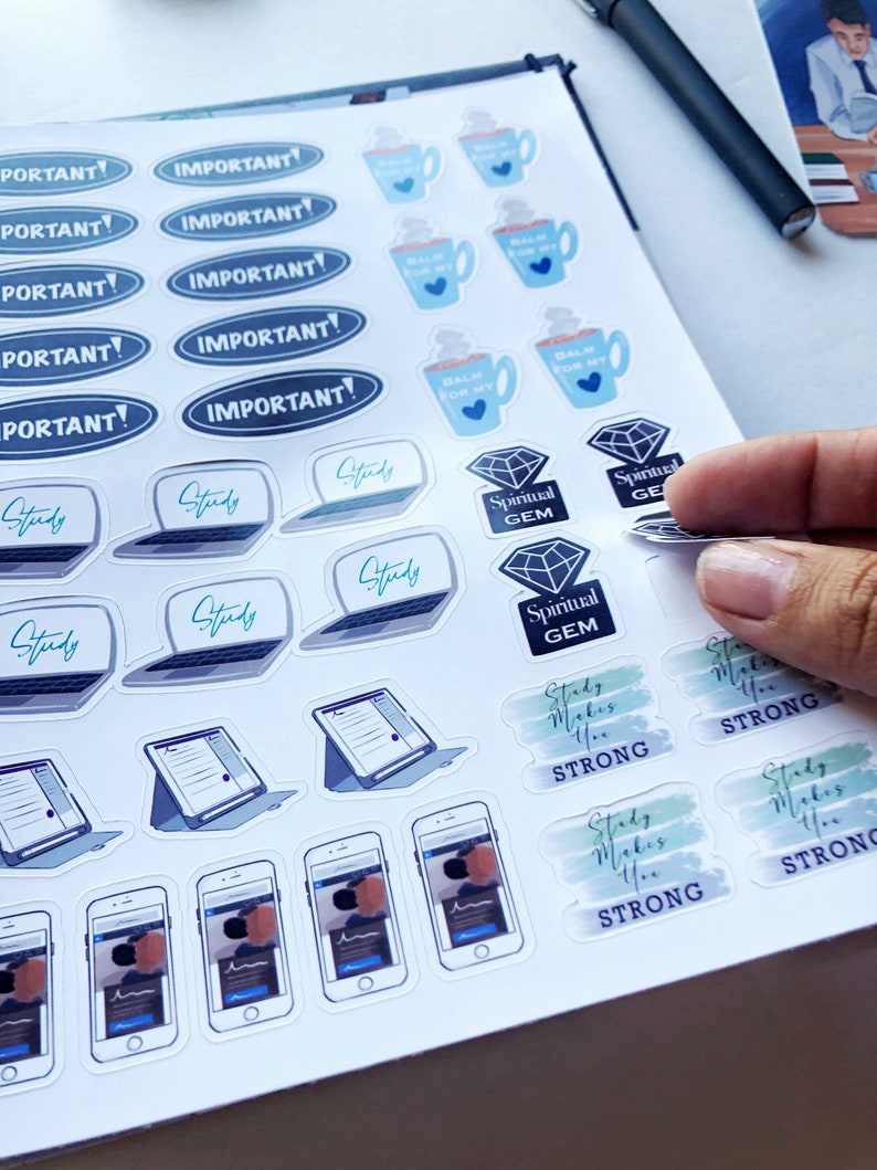 May include: A sheet of stickers with various designs, including blue coffee mugs, laptops with the word "Study", and the text "Important!". The stickers also feature the words "Spiritual GEM" and "Study Makes You Strong".